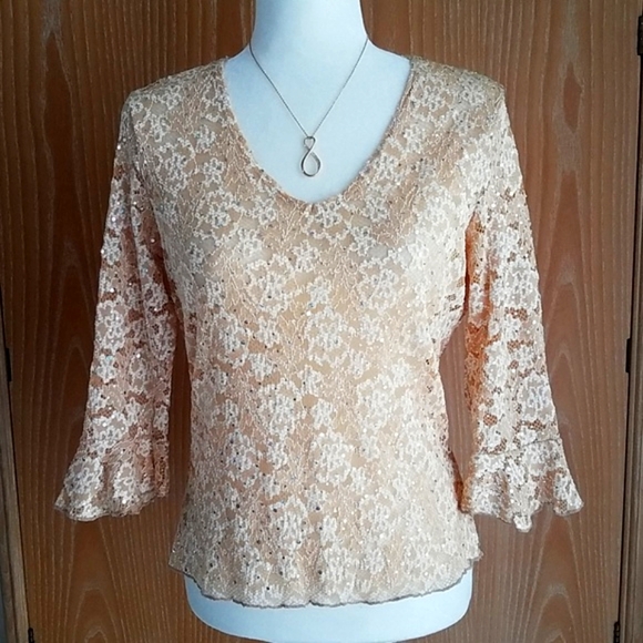 Vintage Tops - Y2K Whimsy Fairy Lace Top Bell Sleeve Sheer Floral Size S/M Sequin Sparkle Layer
